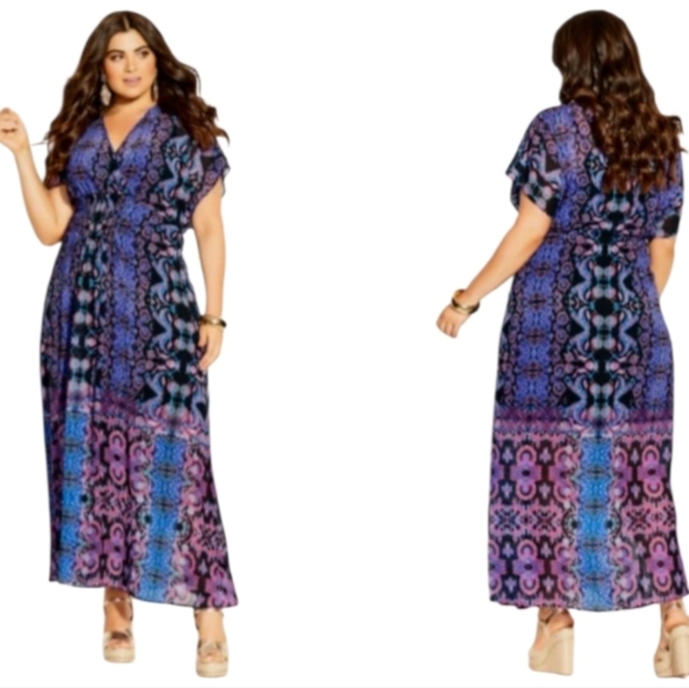 CITY CHIC Multi Print Soft Jagerryโ V-Neck Sheer Hem Maxi Dress Plus Size L 20